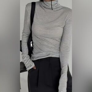 Talbots black, white striped stretch, turtleneck, size small petite